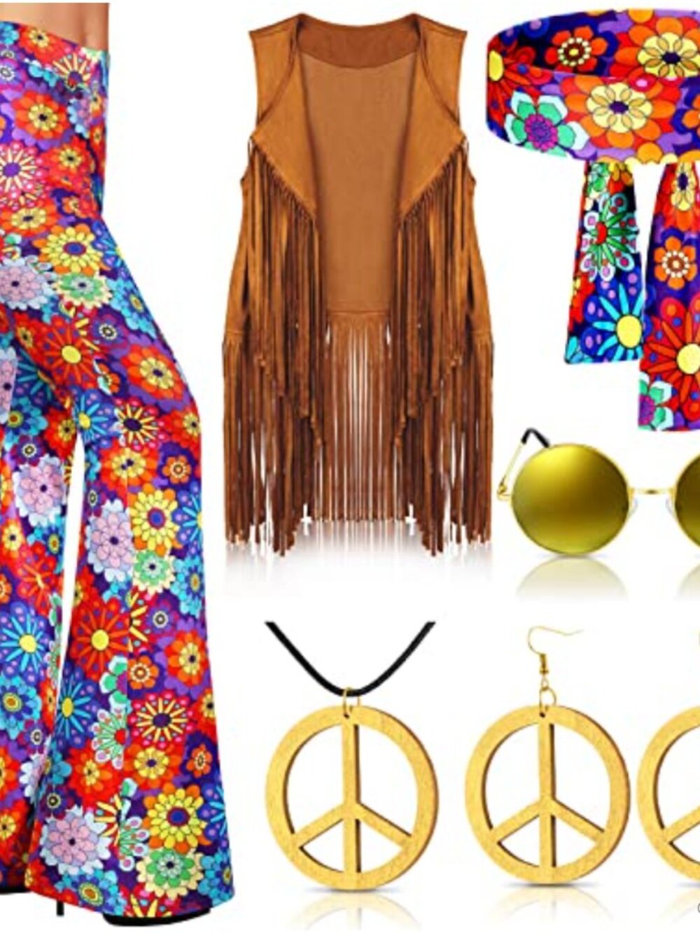 7 Pc 60s 70s Disco Hippie Costume Set Fringed Vest Flare Pants Size M